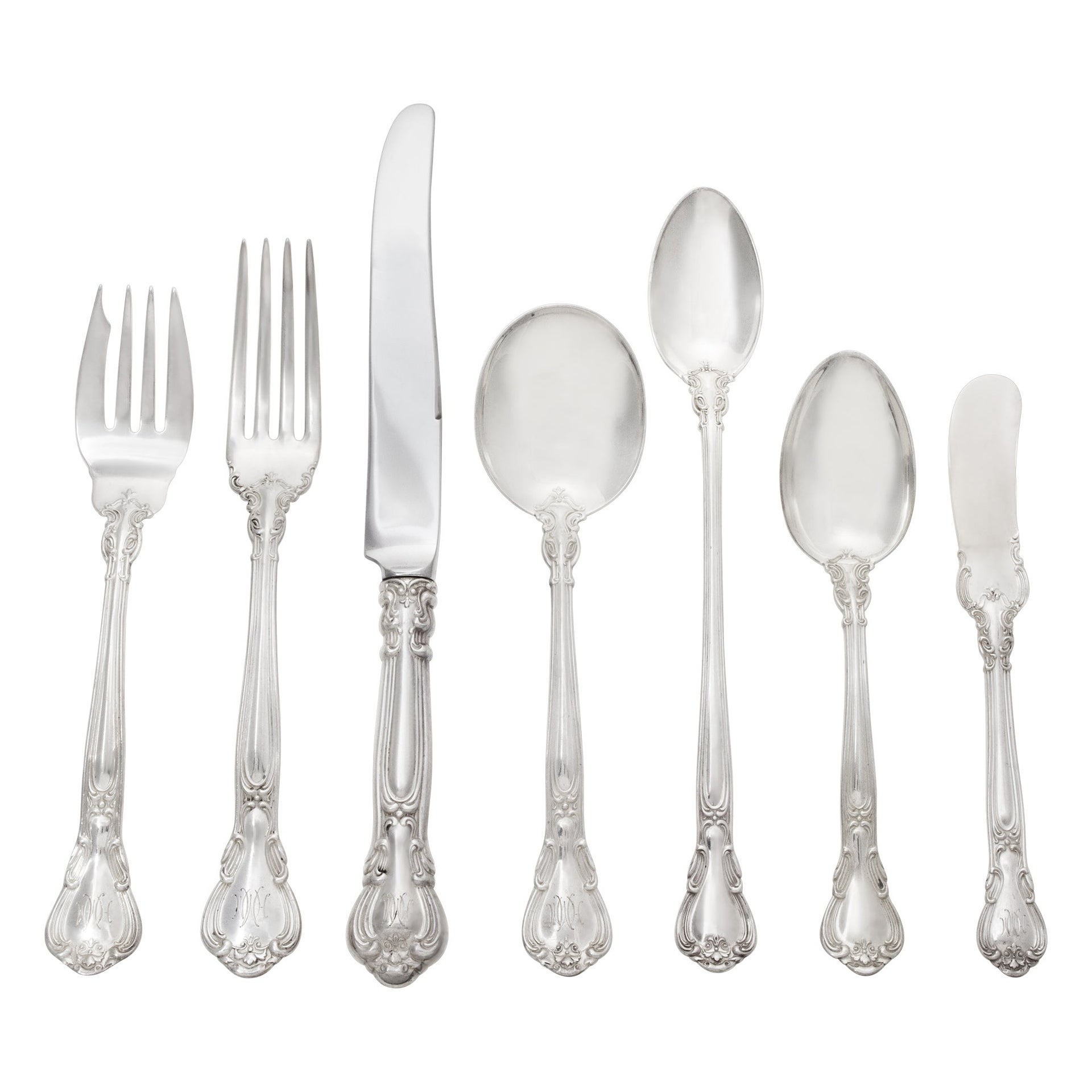 Chantilly Sterling Silver Flatware Set Patented in 1895 by Gorham, 7 Place For Sale