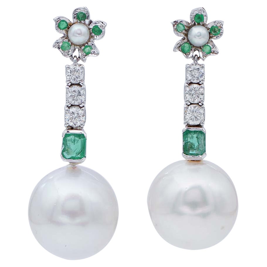 South-Sea Pearl, Emeralds, Diamonds, 18 Karat White Gold Dangle Earrings