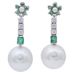 South-Sea Pearl,Emeralds,Diamonds,18 Karat White Gold Dangle Earrings