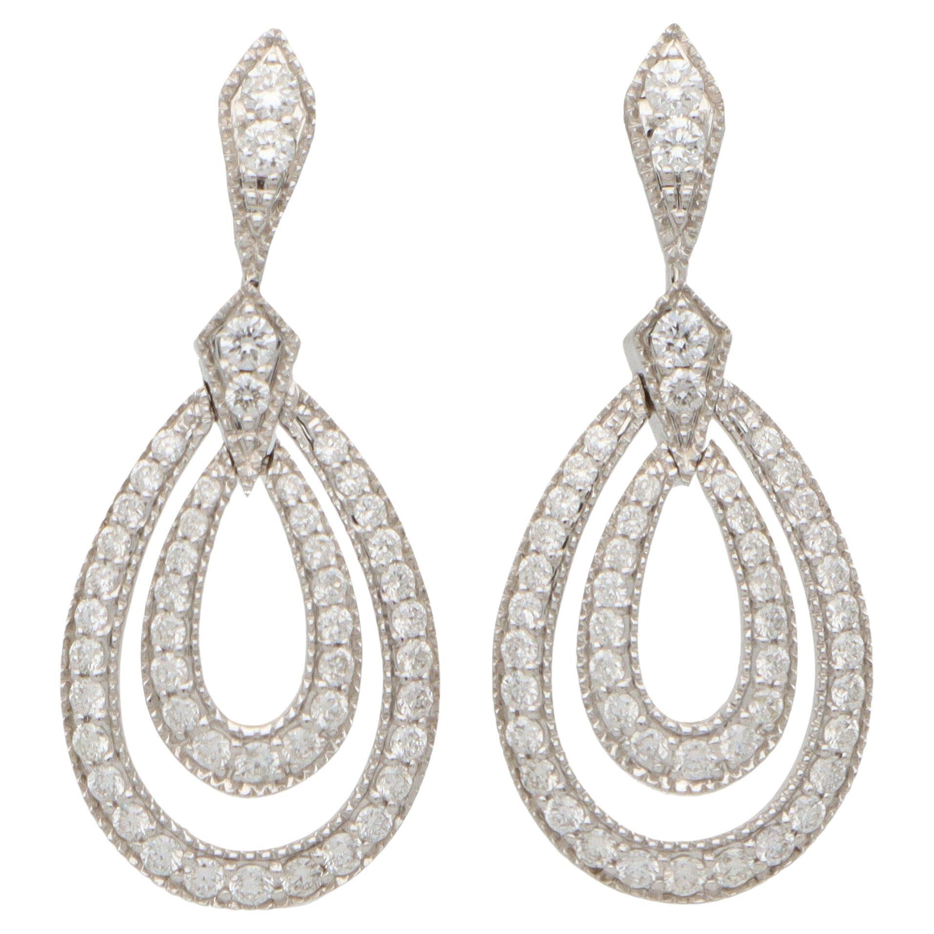Contemporary Diamond Drop Earrings Set in 18k White Gold