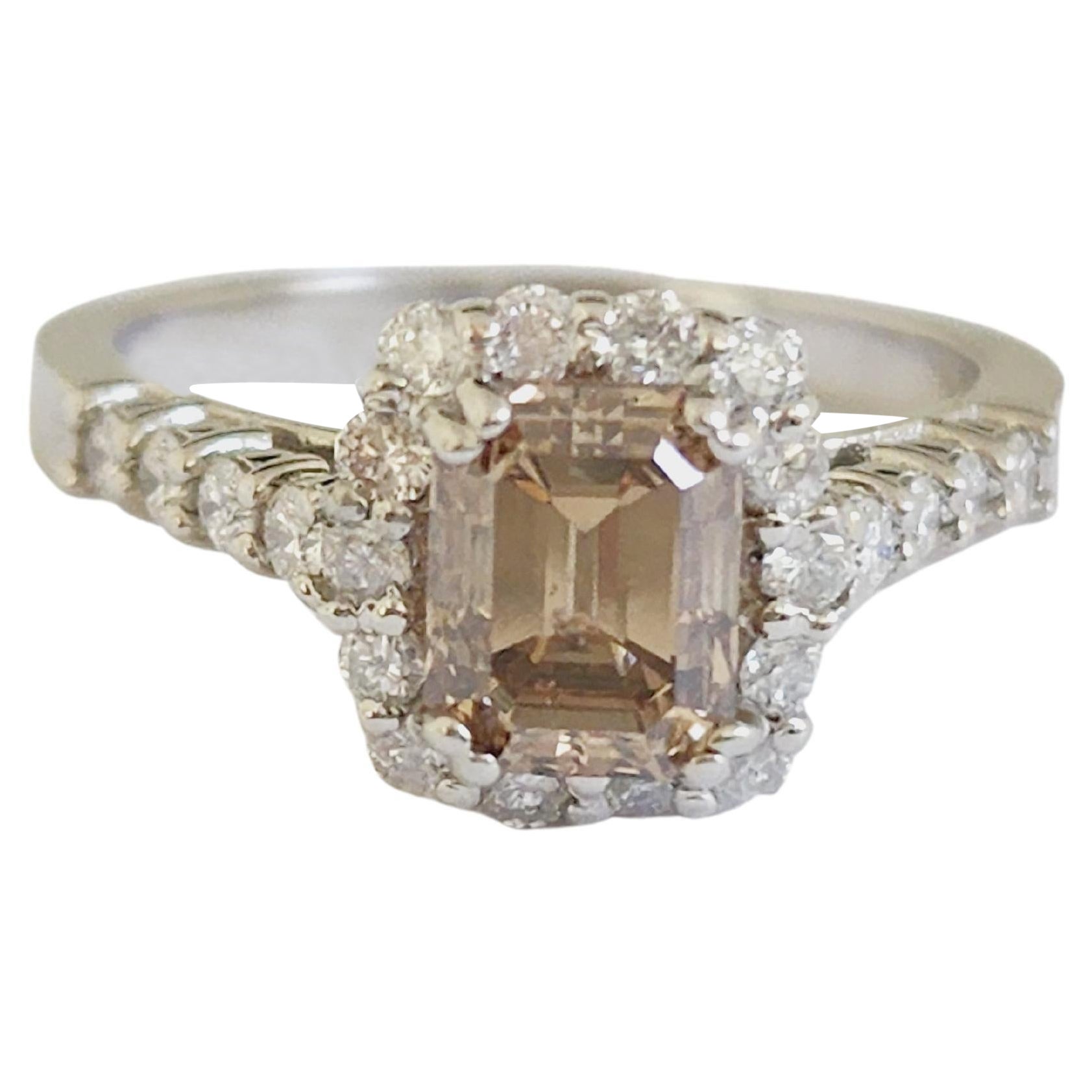 GIA 1.33 Carat Emerald Cut Fancy Yellow Brown Diamond Ring White Gold 14K