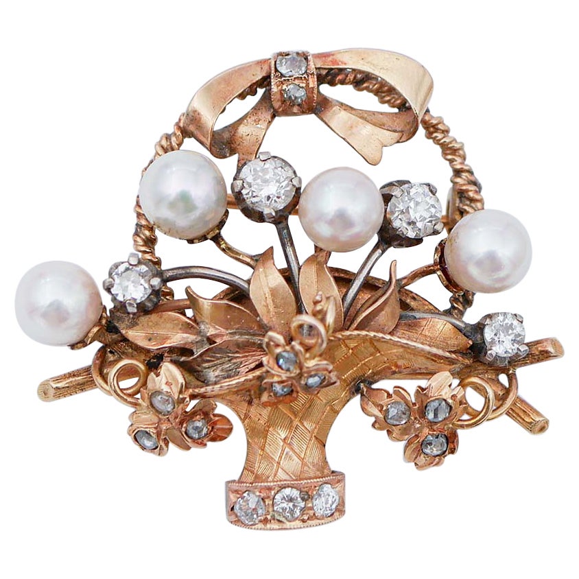 Pearls, Diamonds, 18 Karat Rose Gold Brooch For Sale