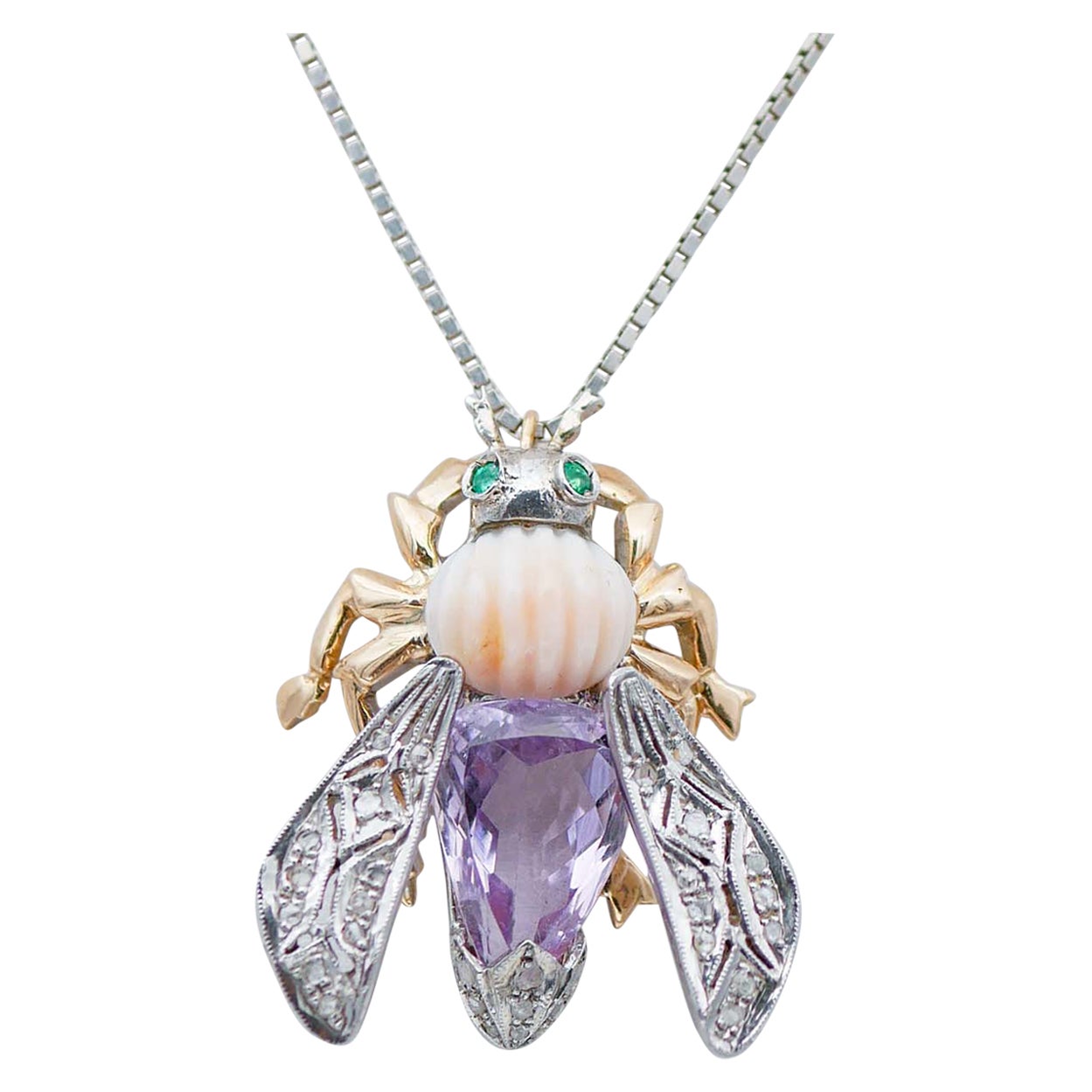 Amethyst, Coral, Emeralds, Diamonds, 14Kt Rose Gold and Silver Pendant Necklace For Sale