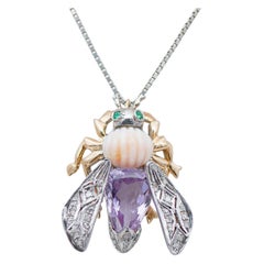 Retro Amethyst, Coral, Emeralds, Diamonds, 14Kt Rose Gold and Silver Pendant Necklace