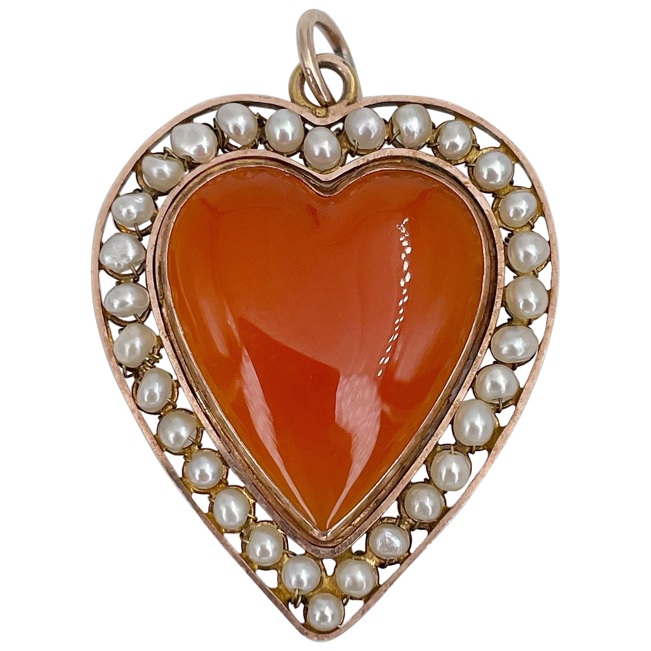Antique Victorian 14 Karat Gold Carnelian Pearl Heart Locket Pendant