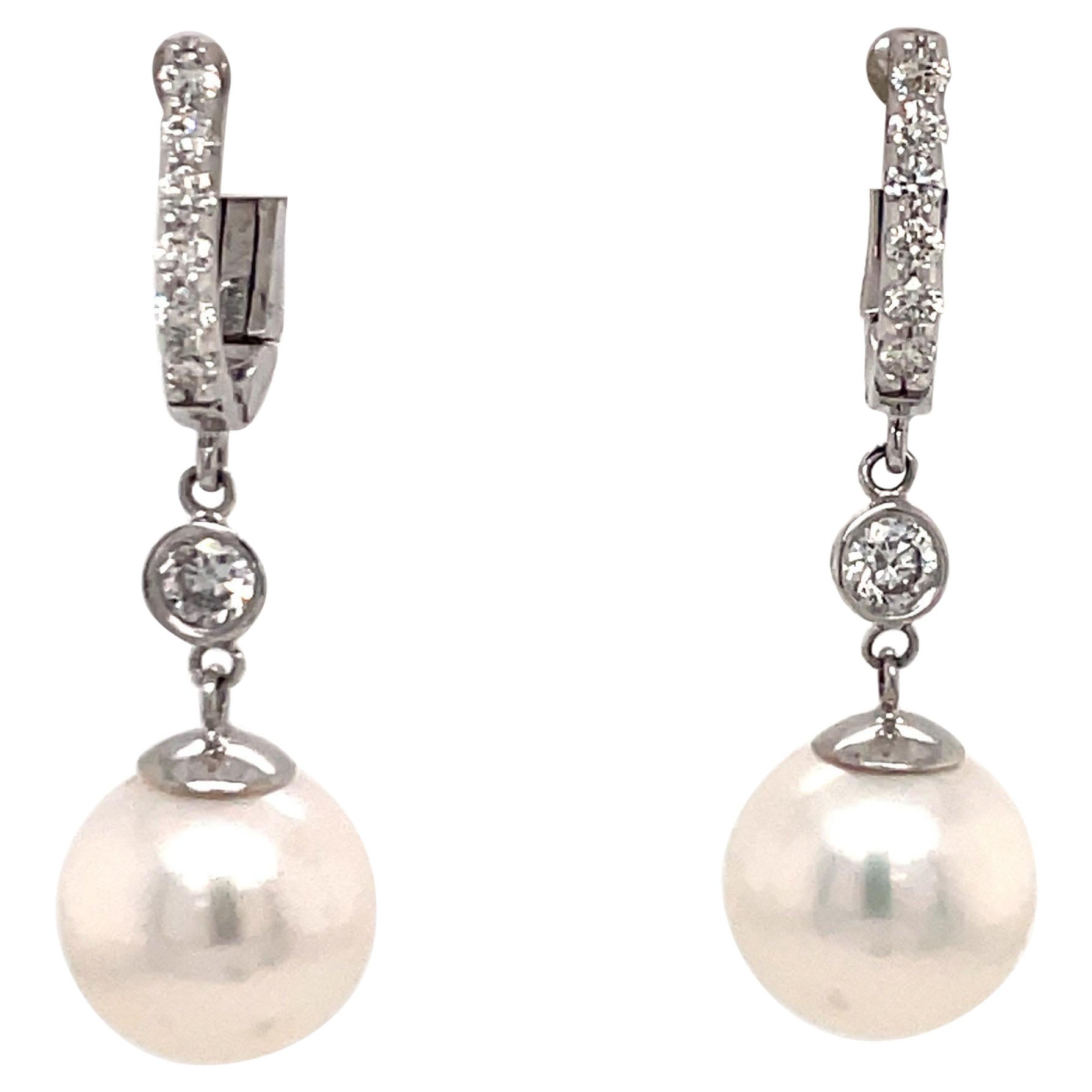 14 Karat White Gold Diamond Freshwater Pearl Earrings 0.48 Carats For Sale