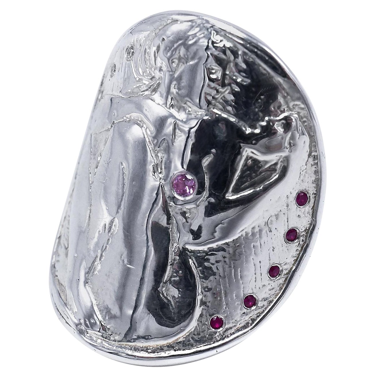 Coin Medal Ring Sterling Silver Woman White Diamond Ruby Pink Sapphire J Dauphin For Sale
