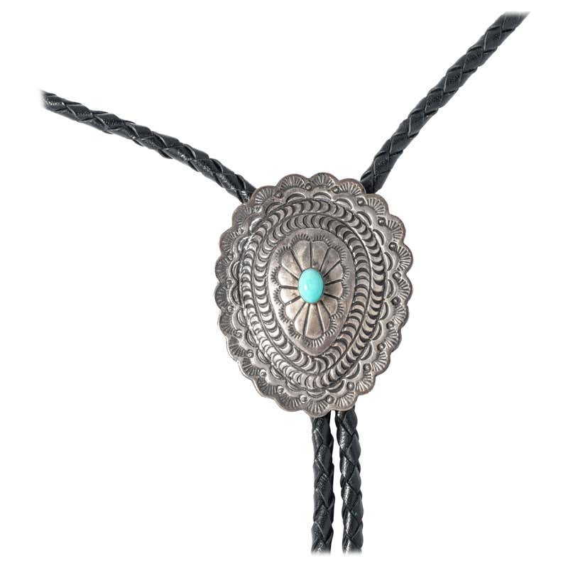 Signed Southwestern Silver, Turquoise and Leather Bolo Tie For Sale at ...