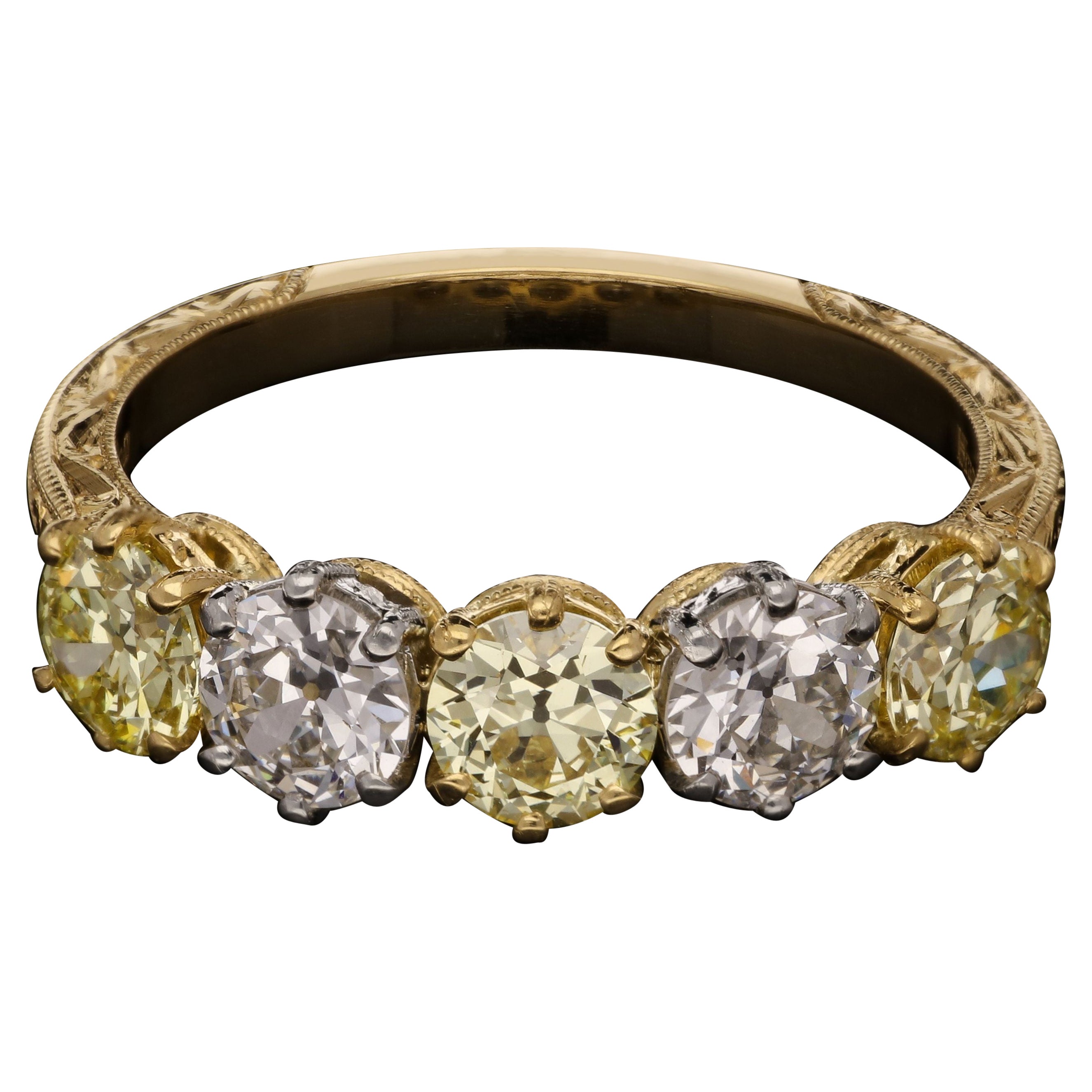 Hancocks Zeitgenössischer Ring mit 1,49 Karat gelben und weißen Diamanten und fünf Steinen im Angebot