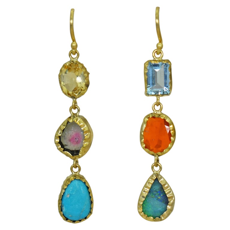 Aquamarine, Opal and Turquoise 22 Karat Gold Dangle Earrings
