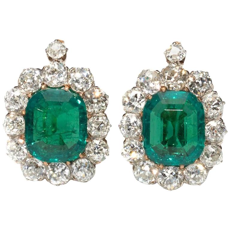 Antique Emerald Diamond Gold Cluster Earrings at 1stDibs