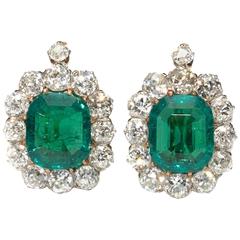 Antique Emerald Diamond Gold Cluster Earrings