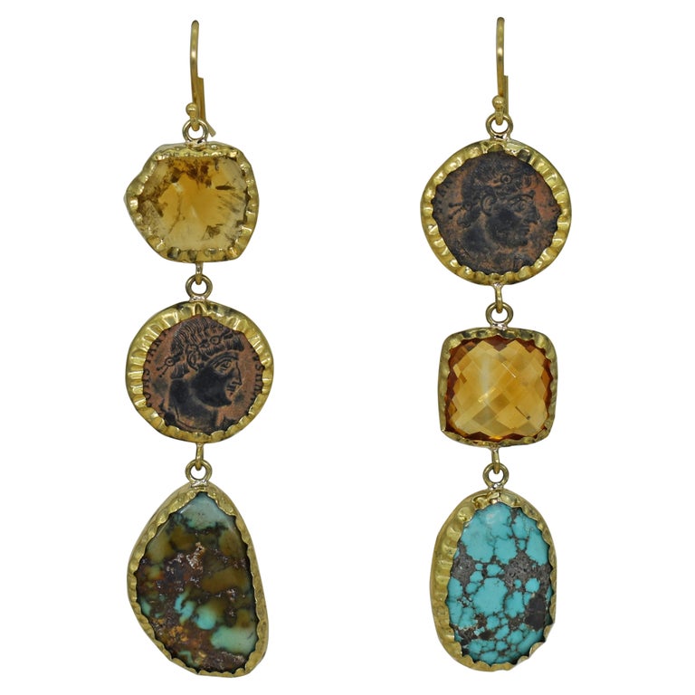 Ancient Roman Coin, Turquoise and Citrine 22 Karat Gold Dangle Earrings For Sale