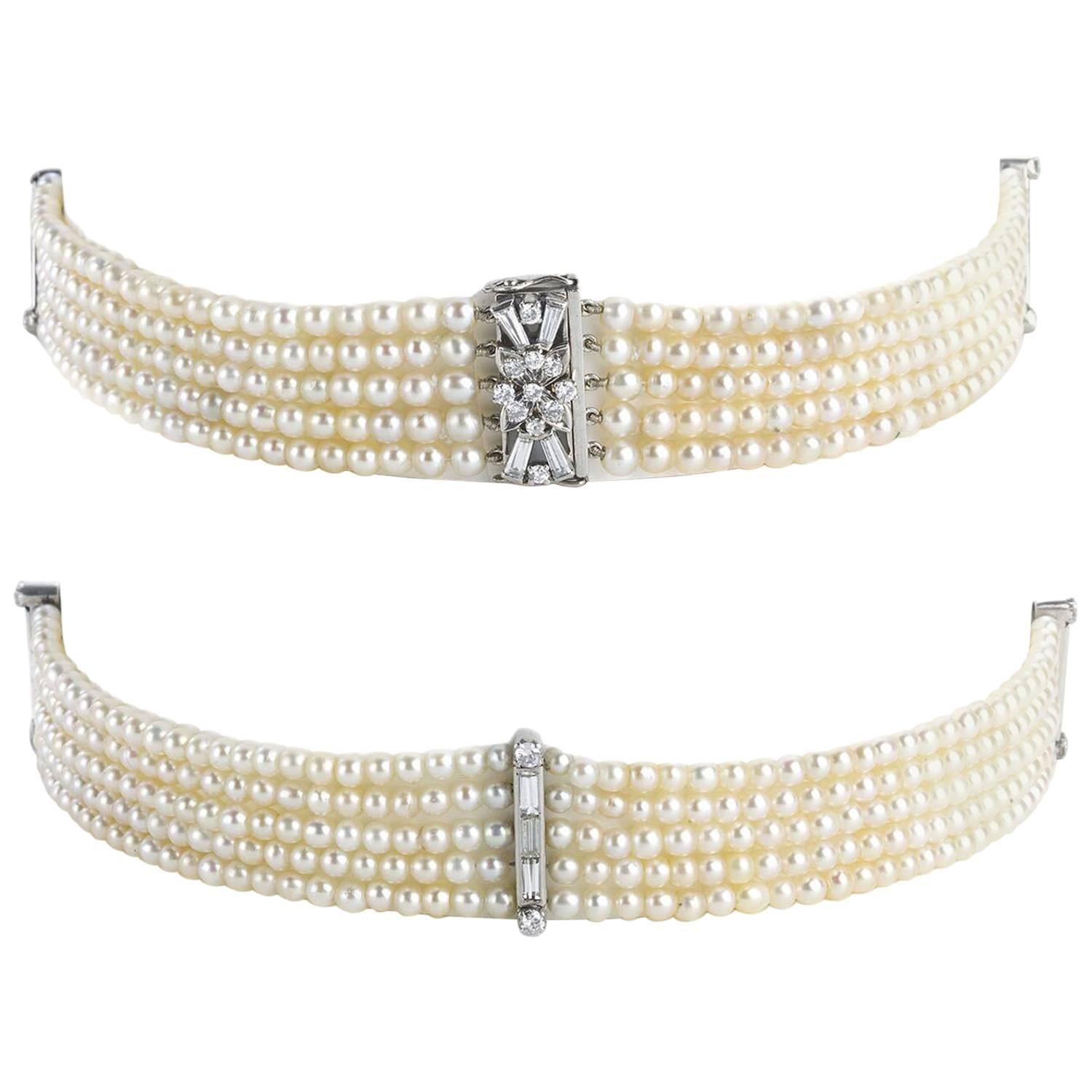 Five Row Pearl Diamond Choker Necklace