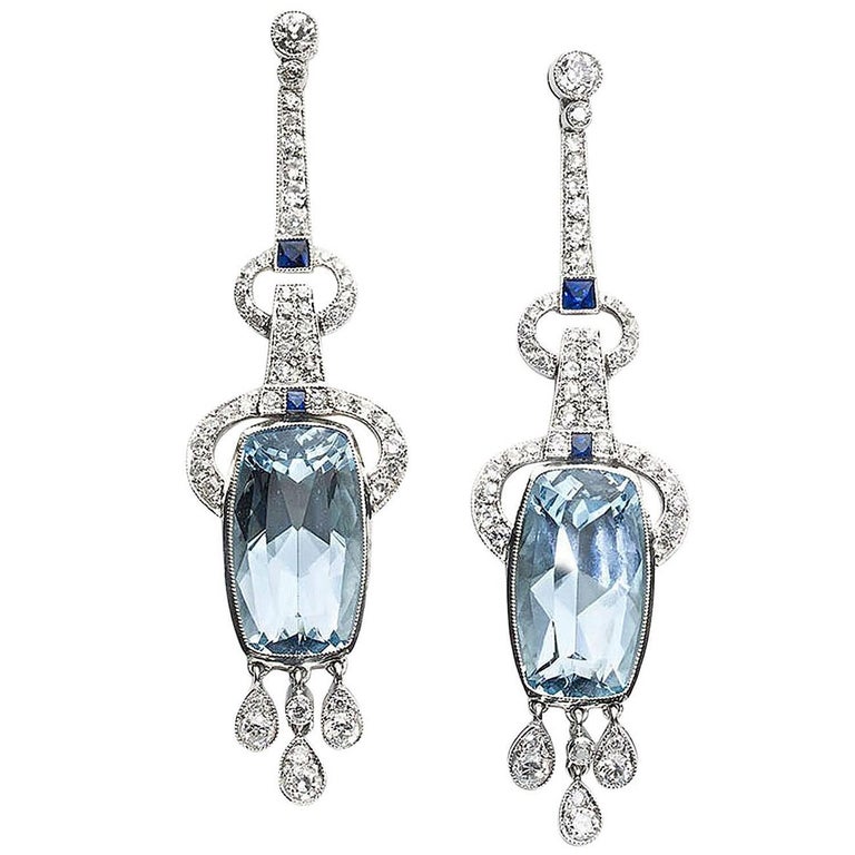 Aquamarine Sapphire Diamond Platinum Earrings For Sale at 1stdibs