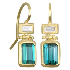 Faye Kim 18 Karat Gold Blue Green Tourmaline and Diamond Hinge Earrings