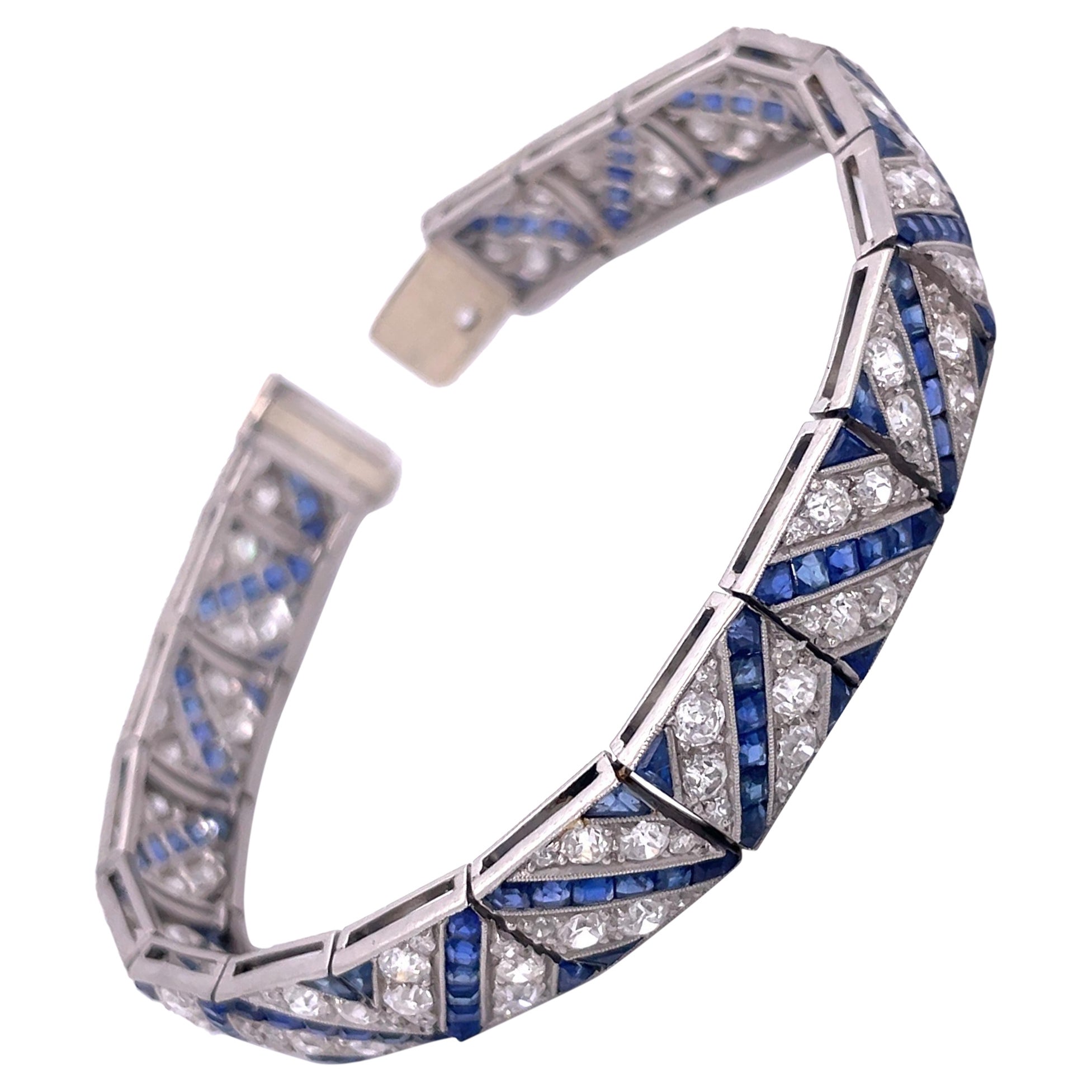 Platinum Art Deco Bracelet with Sapphires and Old Cut Diamonds For Sale