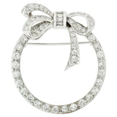 Antique Art Deco Platinum Round & Baguette Diamond Ribbon Bow Wreath Brooch Pin