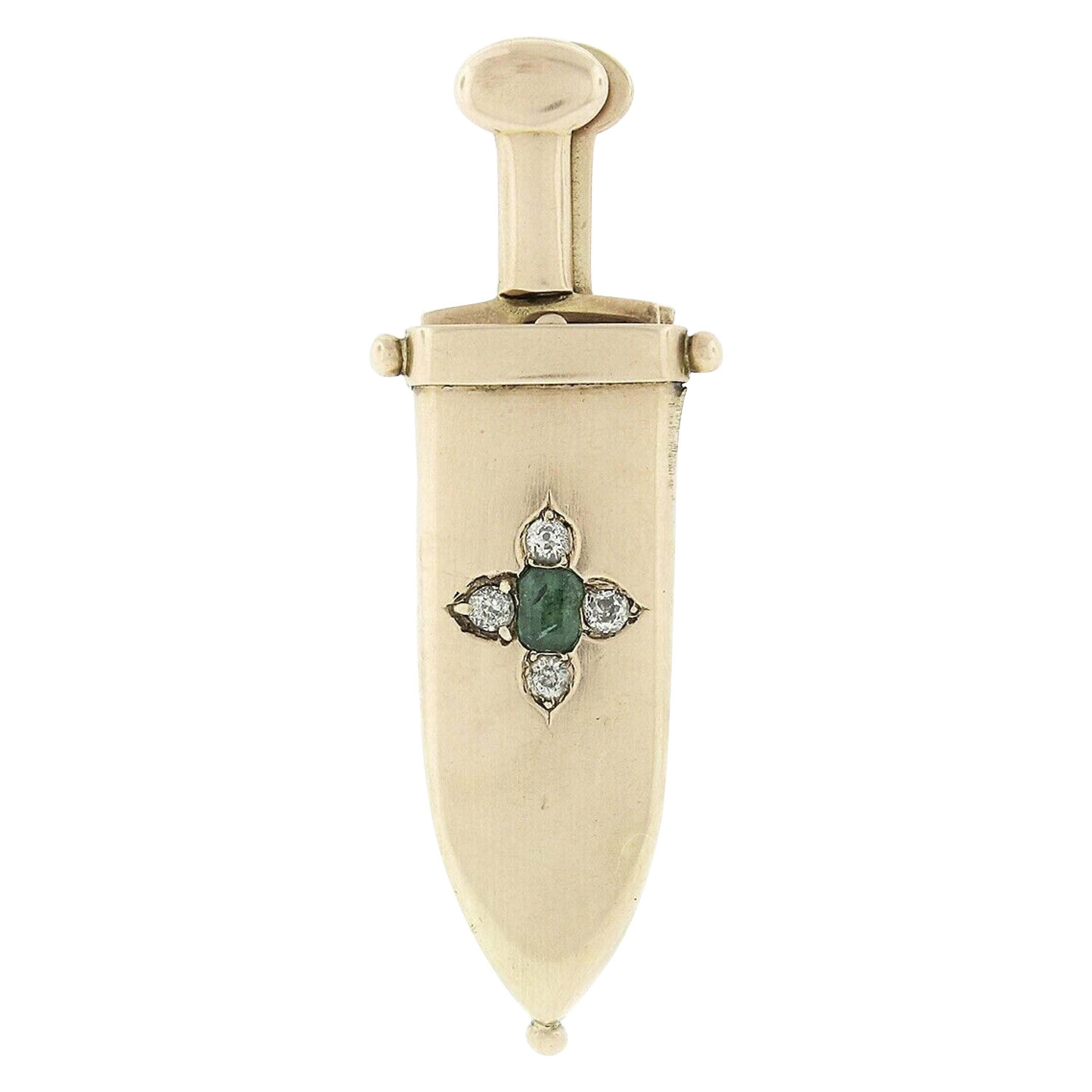 Early Victorian 14k Gold Emerald Mine Diamond Sword Cigar Cutter Brooch Pin For Sale