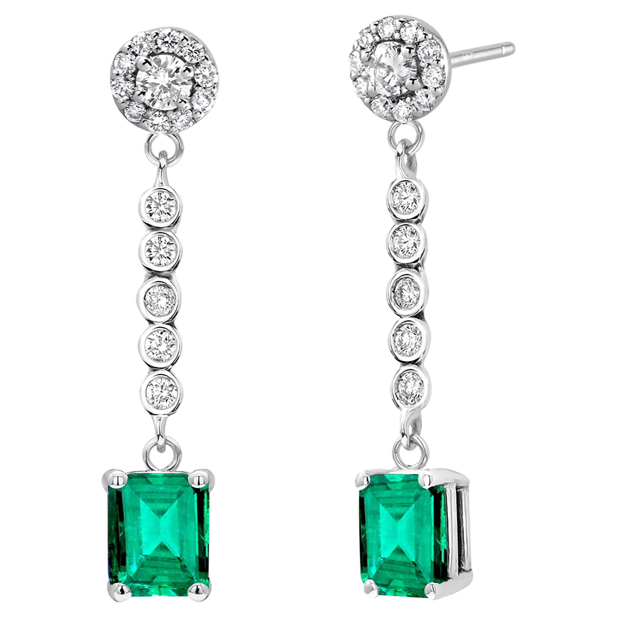 Emerald Shaped Emerald and Halo Diamond Cluster White Gold Drop Earrings 
