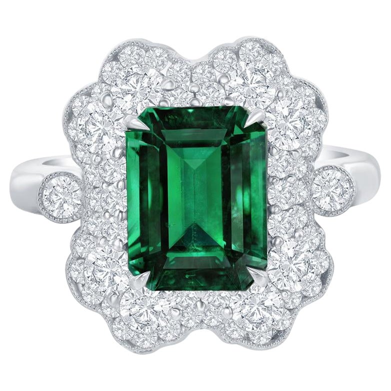 18k White Gold 3.63ct Emerald and 1.44ct Diamond Ring For Sale