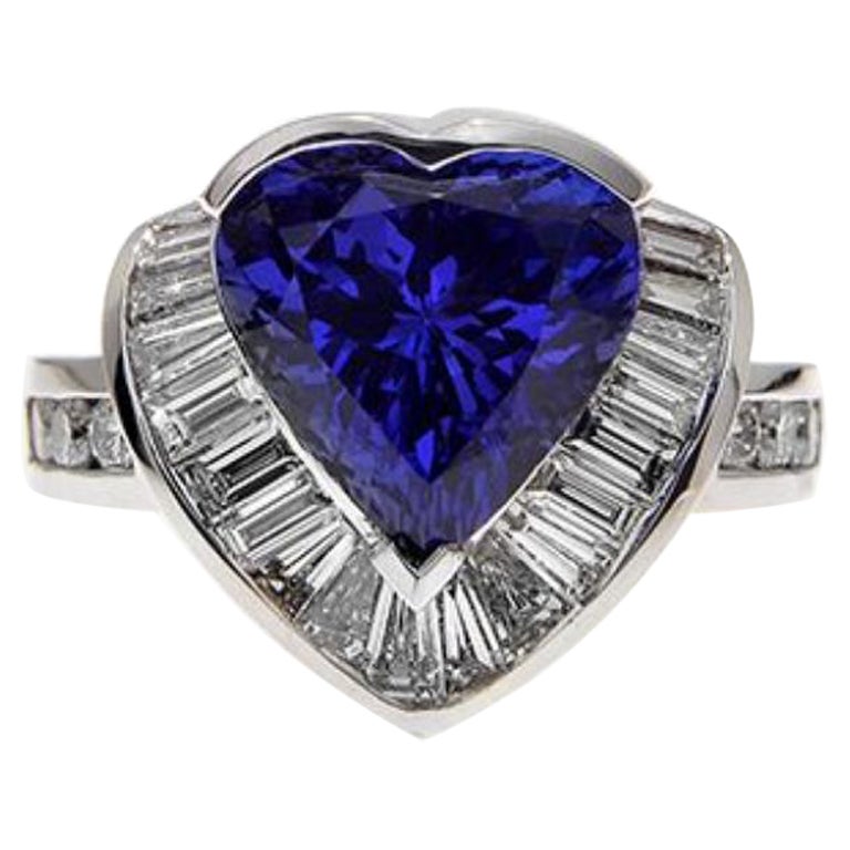 18k White Gold 5.90ct Heart Shape Tanzanite Ring with 1.66ct Diamonds For Sale