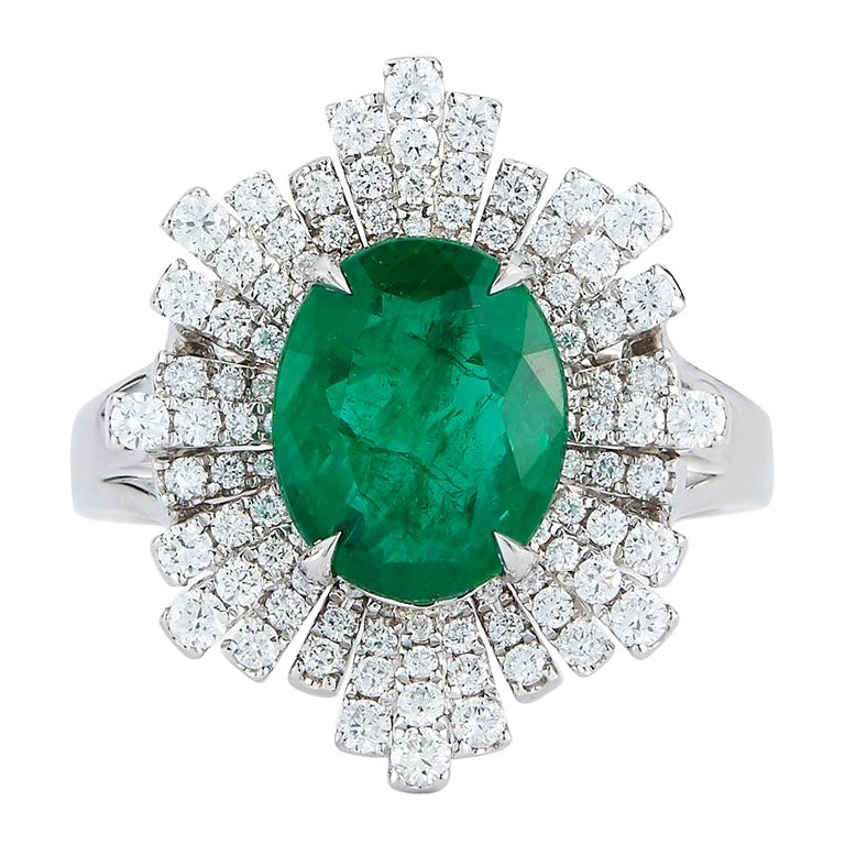 18k White Gold 2.65ct Emerald and .69ct Diamond Ring For Sale