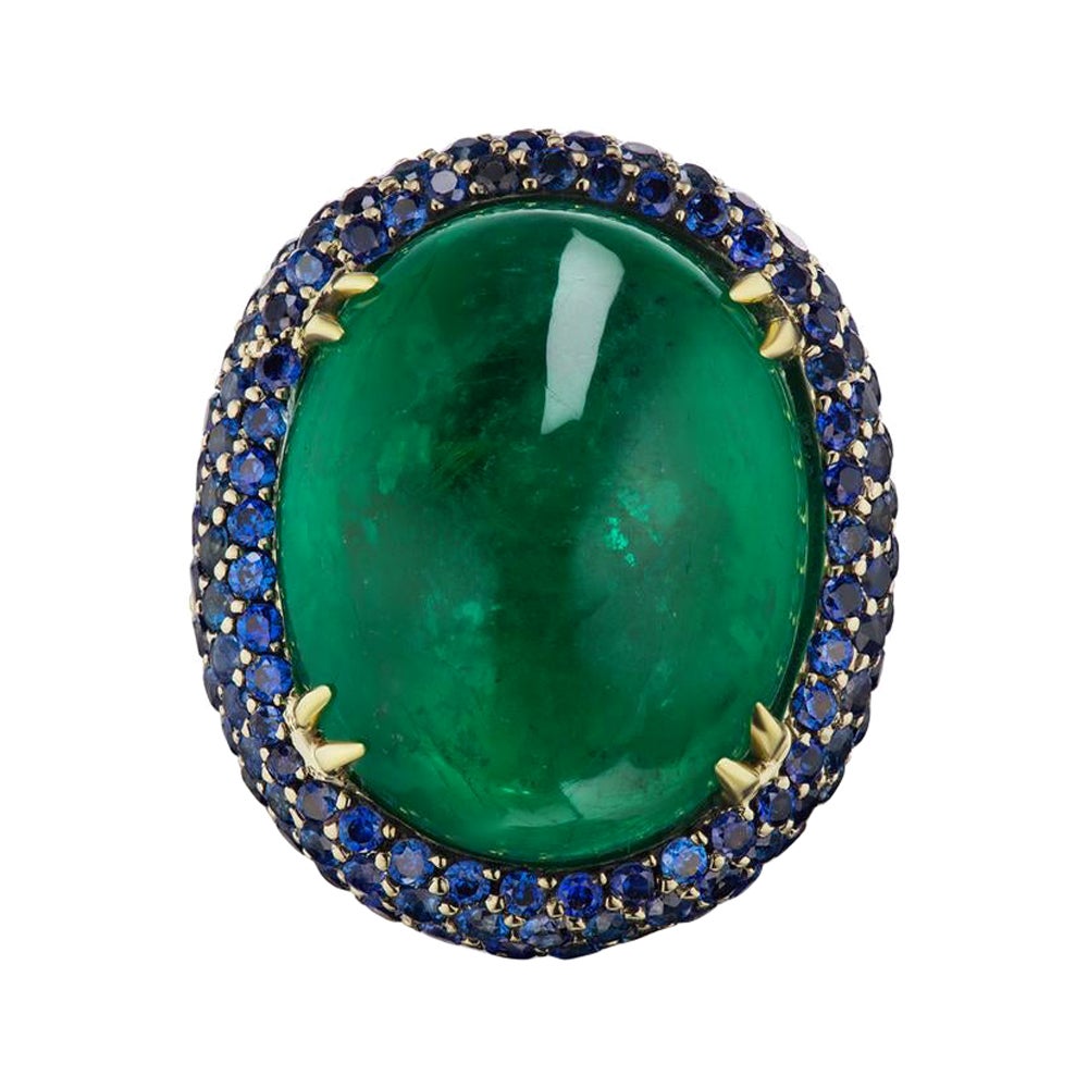 Emerald and Sapphire Cabochon and Diamond Ring