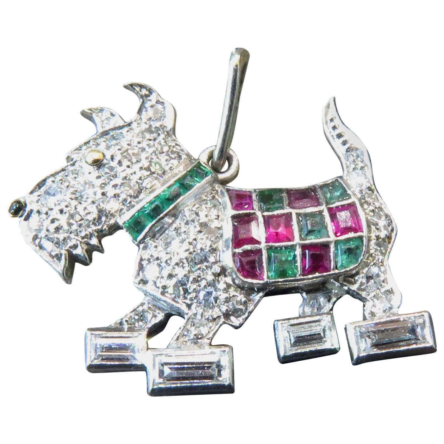 Irresistible Emerald Ruby Diamond Platinum Scottie Dog Art Deco Charm/Pendant