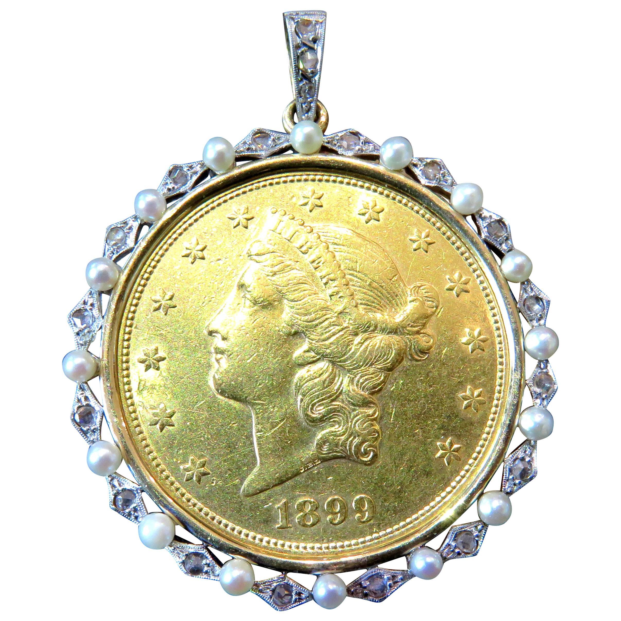 Classic Edwardian Natural Pearl Diamond Gold Platinum  $20 Gold Piece Pendant