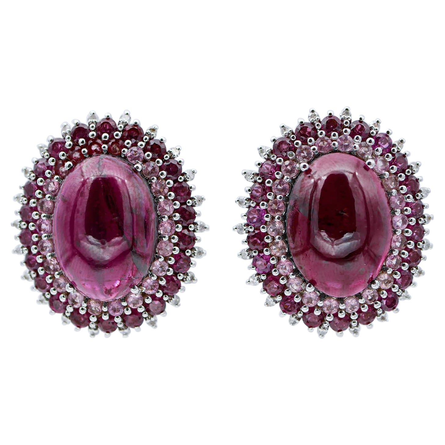 Granates, Turmalina, Diamantes, Pendientes de Oro Blanco de 14 Kilates