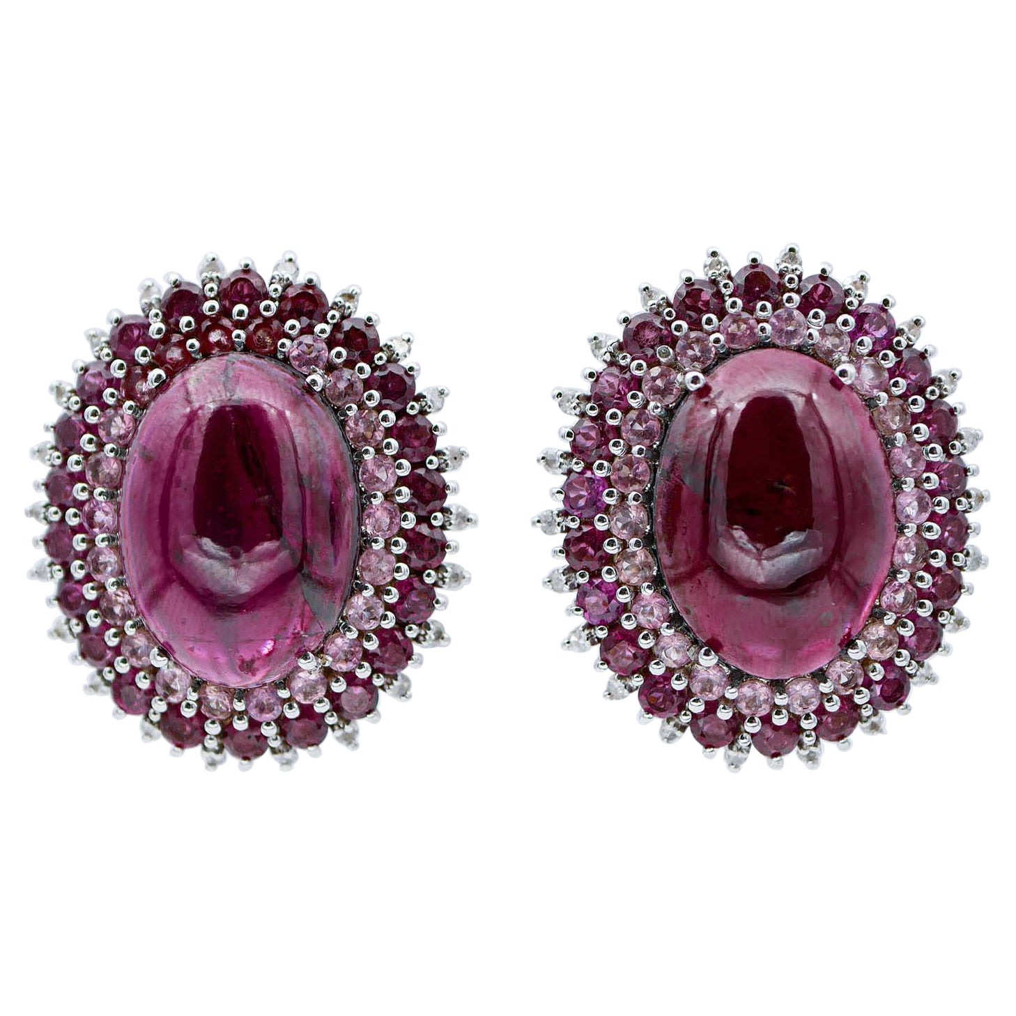 Garnets, Tourmaline, Diamonds, 14 Karat White Gold Stud Earrings