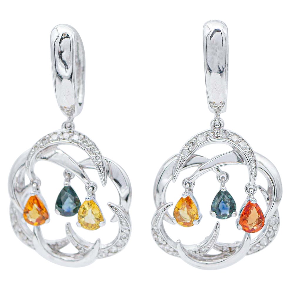 Multicolor Sapphires, Diamonds, 18 Karat White Gold Dangle Earrings For Sale