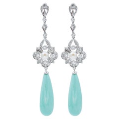 Turquoise, Diamonds, Pearls, 14 Karat White Gold Dangle Earrings