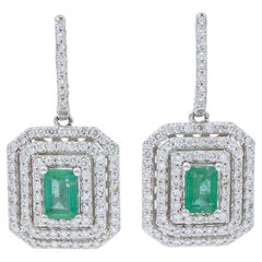 Emeralds, Diamonds, 14 Karat White Gold Earrings