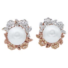 Pearls, White and Yellow Diamonds, 14 Karat White and Rose Gold Retrò Earrings