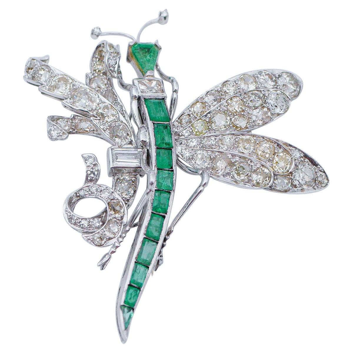 Emeralds, Diamonds, 18 Karat White Gold Dragonfly Brooch
