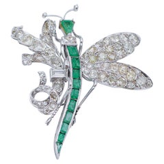 Emeralds, Diamonds, 18 Karat White Gold Dragonfly Brooch