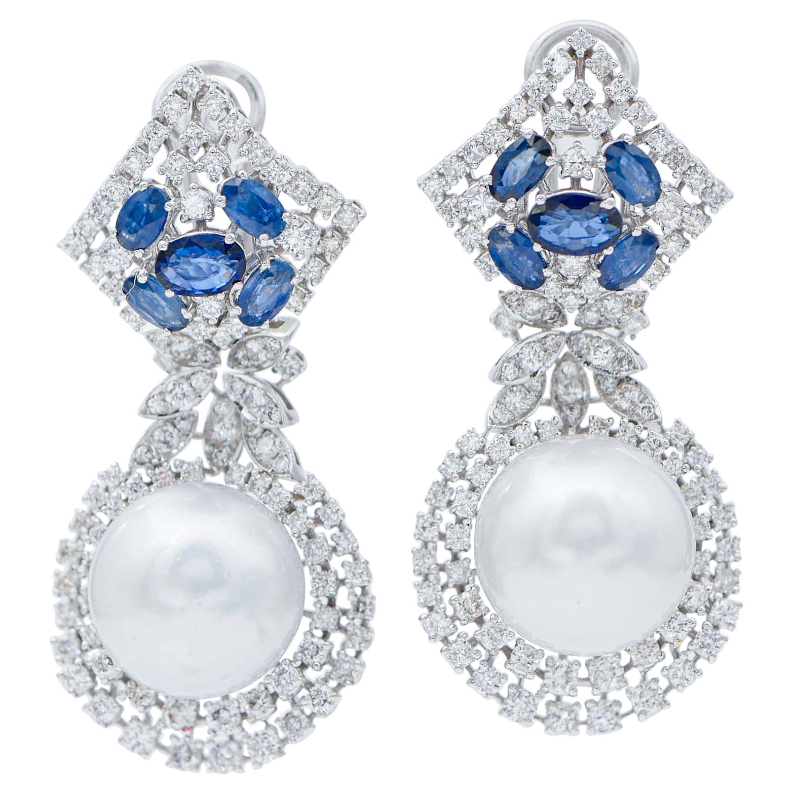 South-Sea Pearls, Sapphires, Diamonds, 18 Karat White Gold Earrings