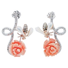 Coral, White Stones, White and Black Diamonds, Platinum and 14kt Rose Gold Earrings