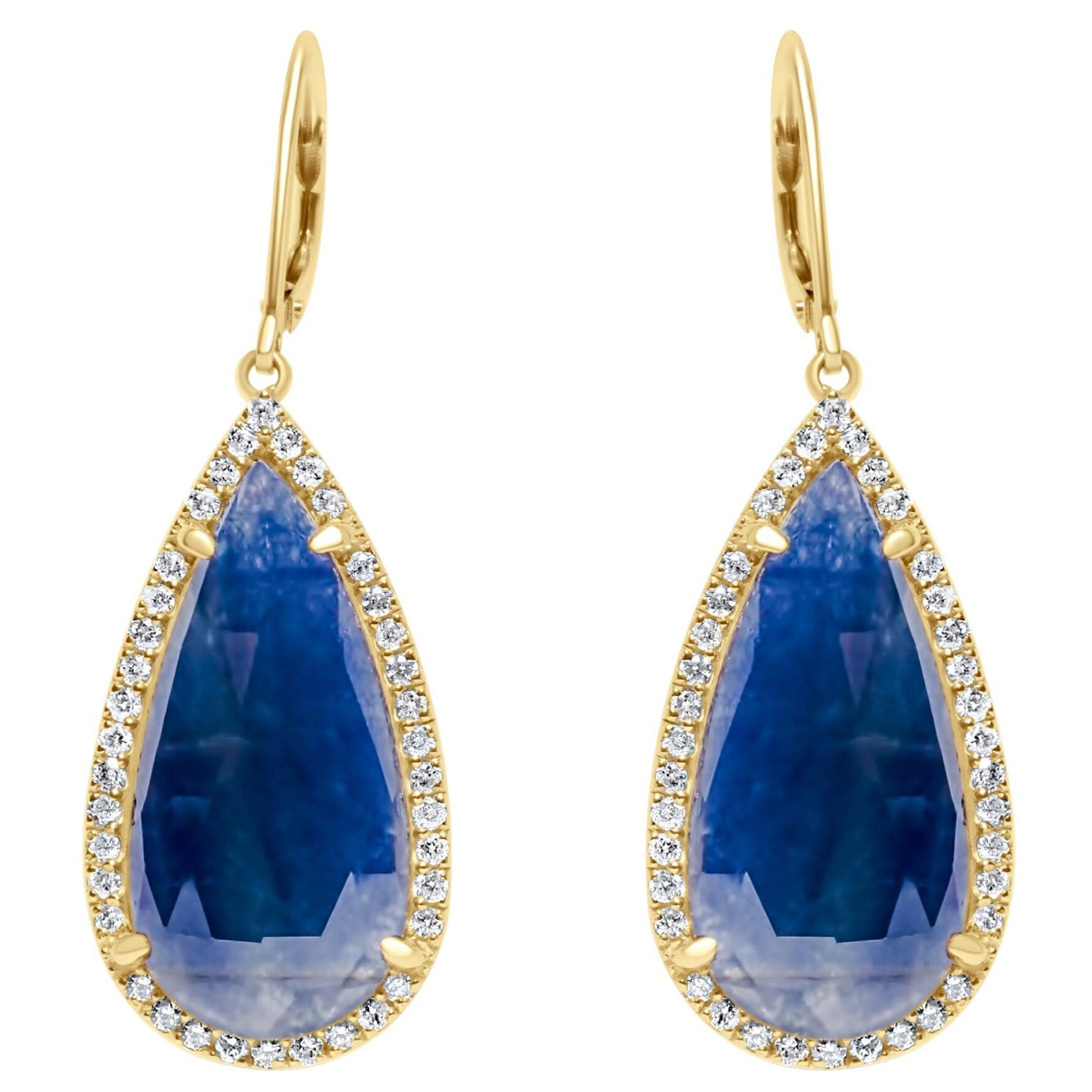 Blue Sapphire Pear Drop Faceted Cabochon Diamond Halo Drop 18k Gold Earrings For Sale