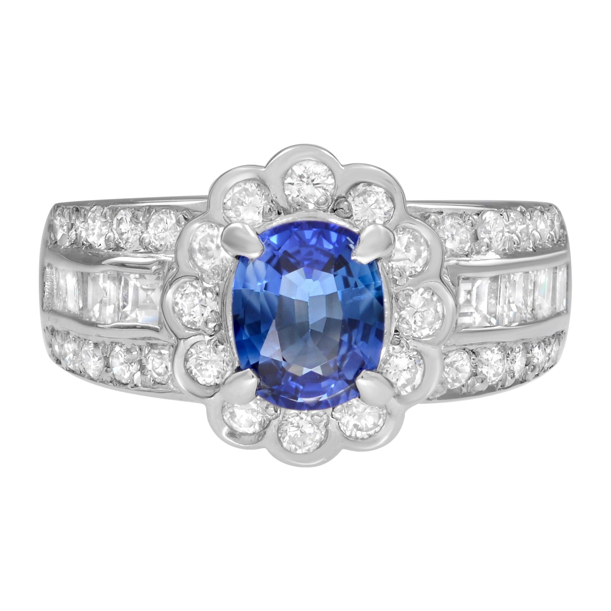 Rachel Koen Oval Blue Sapphire Diamond Halo Cocktail Ring Platinum For Sale