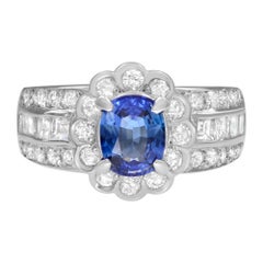Rachel Koen Oval Blue Sapphire Diamond Halo Cocktail Ring Platinum