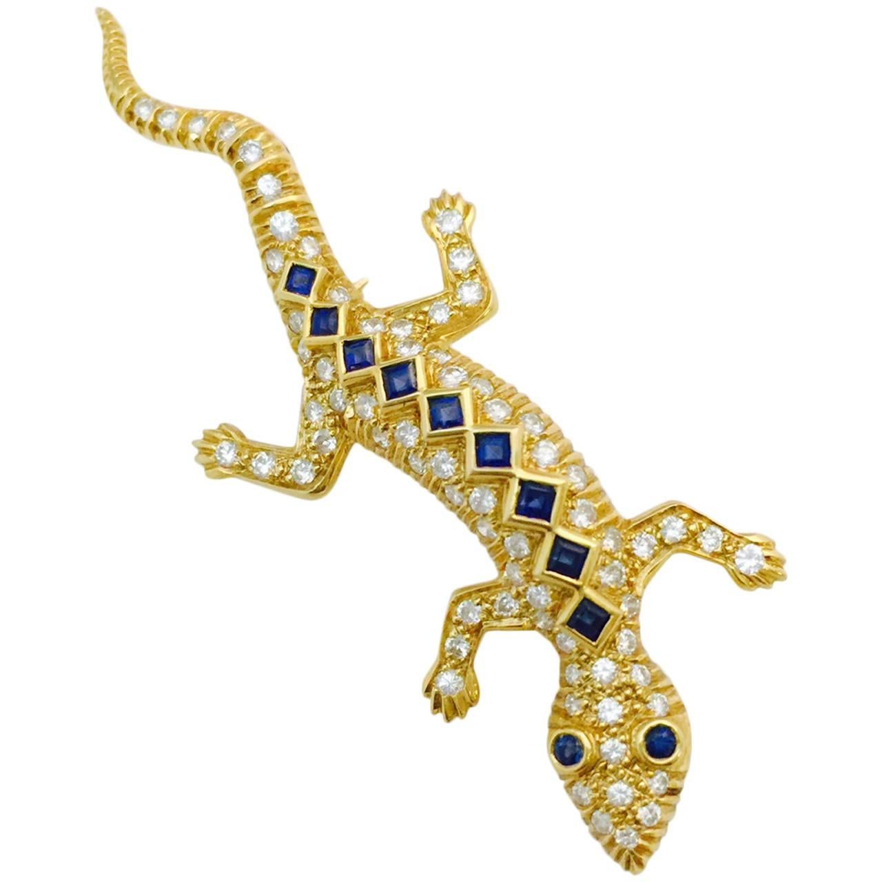 Sapphire Diamond Gold Lizard Brooch