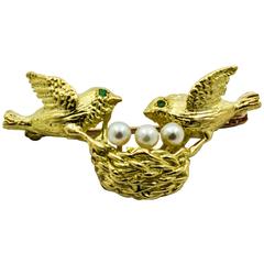 Vintage Pearl Emerald Gold Bird's Nest Brooch With Birds