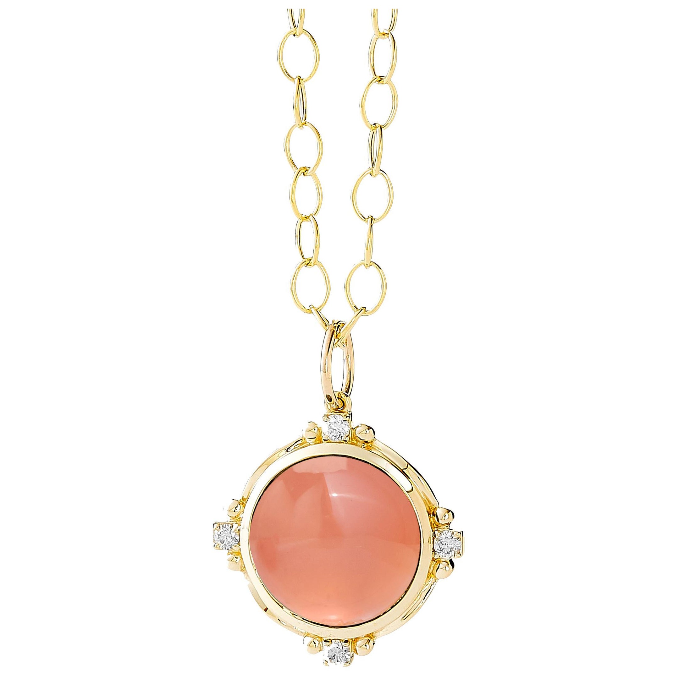 Syna Yellow Gold Rose Quartz Pendant with Diamonds For Sale