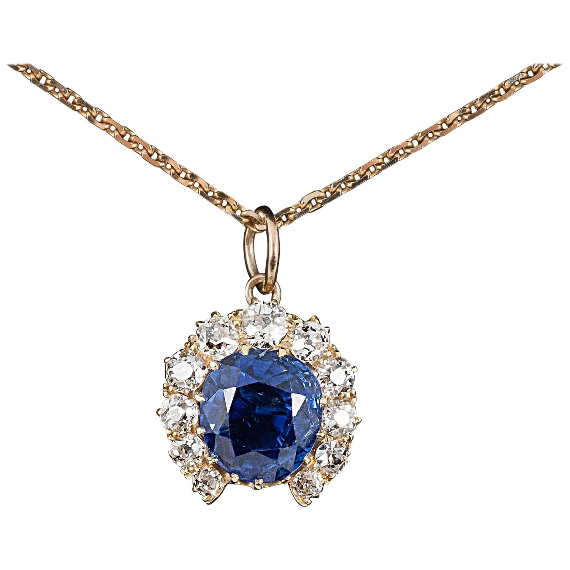 1870s Fine Natural Coloured Ceylon Sapphire Diamond Gold Pendant