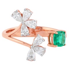 Natural Emerald Gemstone Cuff Ring Pear Diamond Solid 18k Rose Gold Fine Jewelry