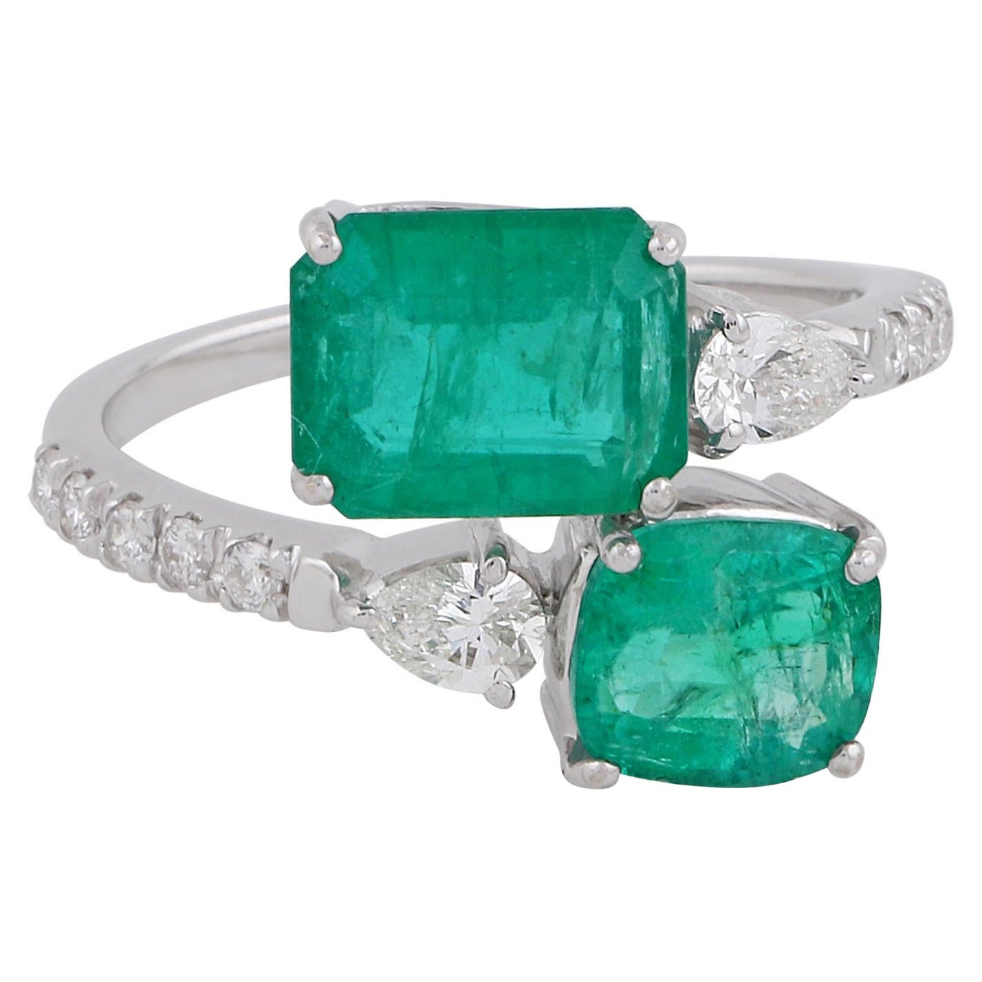 Natural Emerald Gemstone Wrap Ring Diamond Solid 18k White Gold Fine Jewelry