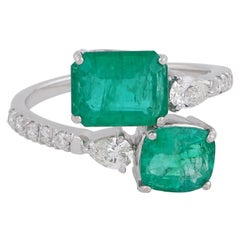 Zambian Emerald Gemstone Wrap Ring Diamond Solid 18k White Gold Fine Jewelry